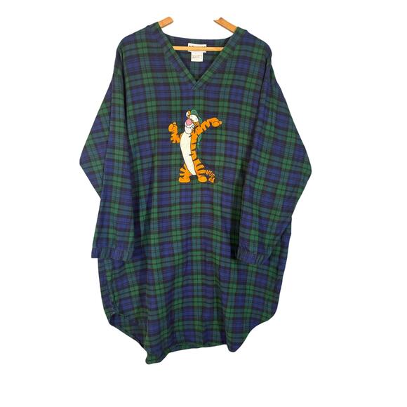 Vintage Disney Disneyland Oversized Tigger Nightwatch Plaid Flannel Sleep Shirt - Picture 4 of 9